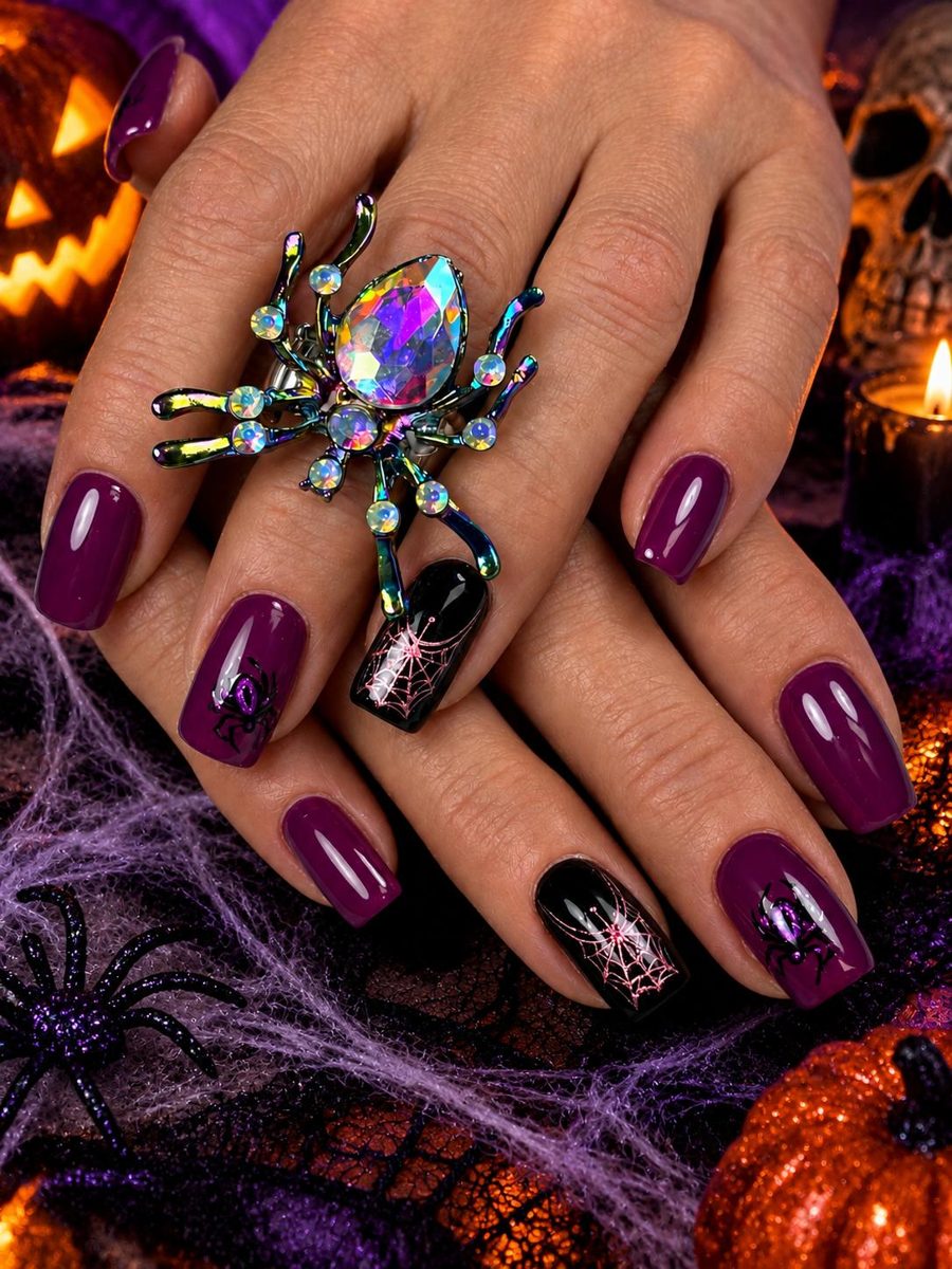 Nagelmodellage: Halloween-Design in Lila mit Spinnennetz
